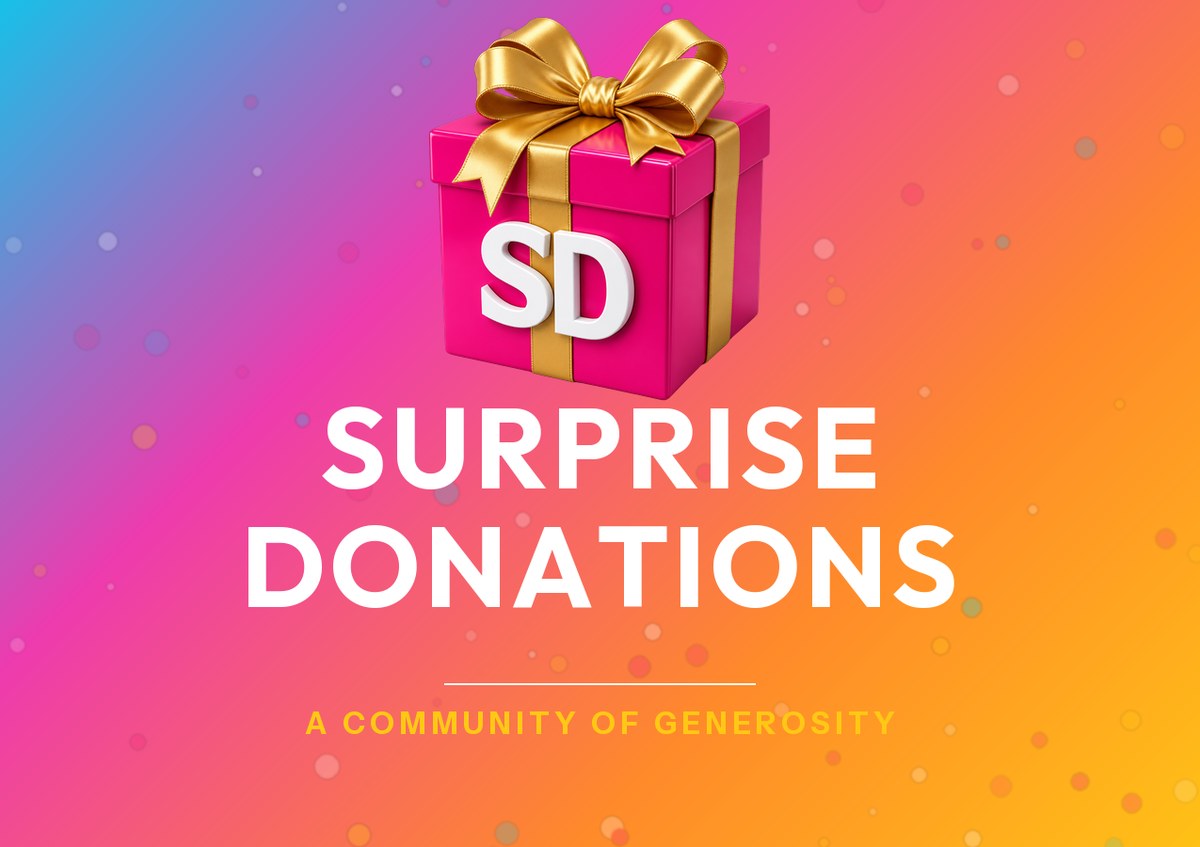 Front of the Surprise Donations gift card sleeve, with the pink SD gift box on a cyan-to-yellow gradient