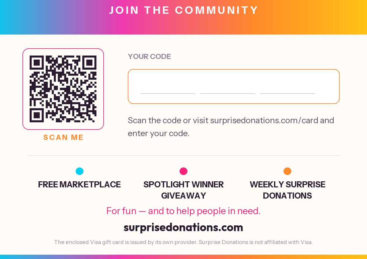 Back of the Surprise Donations gift card sleeve, showing the code box and redeem instructions